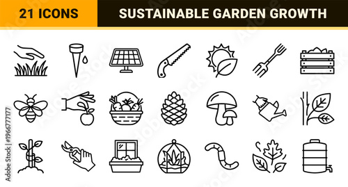 Environmental Protection and Plant Care Monoline Outline Icons featuring Sustainable Gardening and Nature Conservation Visual Elements