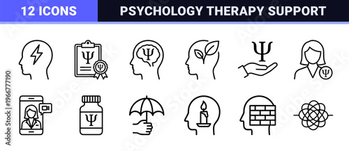 Mental Health and Psychology Therapy Minimalist Monoline Icon Set for Professional Counseling, Psychiatry, and Emotional Wellness Apps.