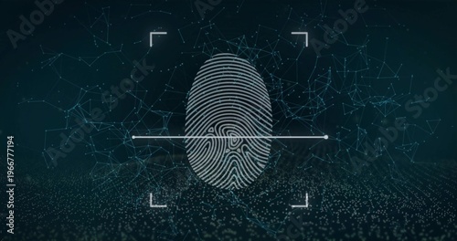 Scanning stylized fingerprint graphic glowing in cyber network with scan line and corner brackets