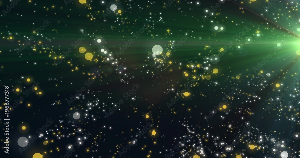 Fototapeta premium Glowing green light source with lens-flare casting streaks at right over white bokeh, copy space