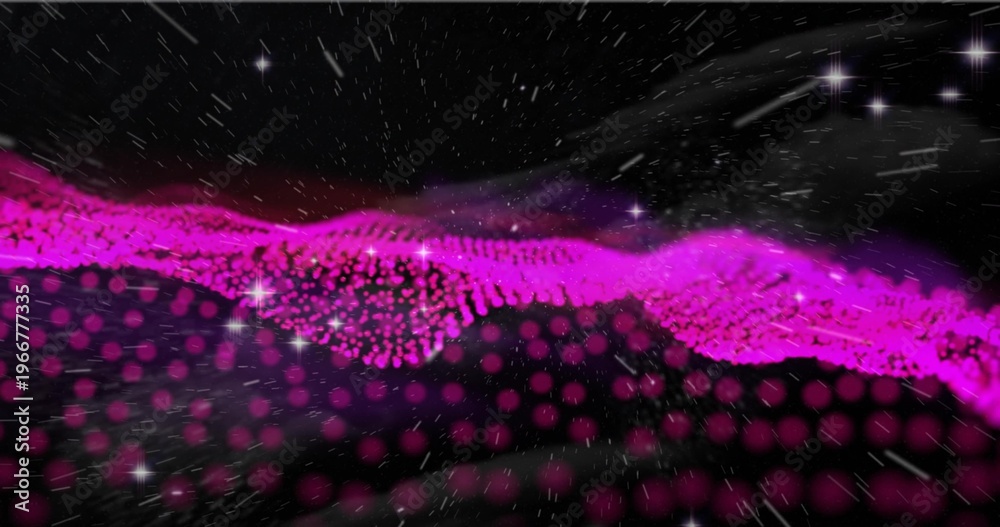 Fototapeta premium Sweeping magenta particle wave undulating across virtual cosmos, with dotted grid and stars