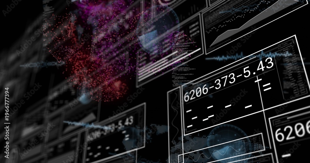 Naklejka premium Displaying translucent HUD panels receding at right in dark space, showing 6206-373-5