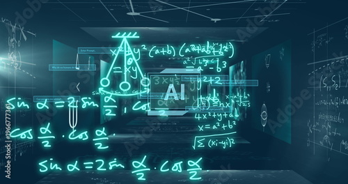 Obraz na płótnie Floating holographic equations and central AI display hovering in teal lab corri
