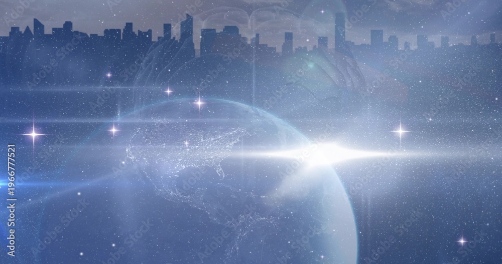 Fototapeta premium Glowing Earthlike planet dominating space cityscape showing skyline, lens flare, hand-heart, stars