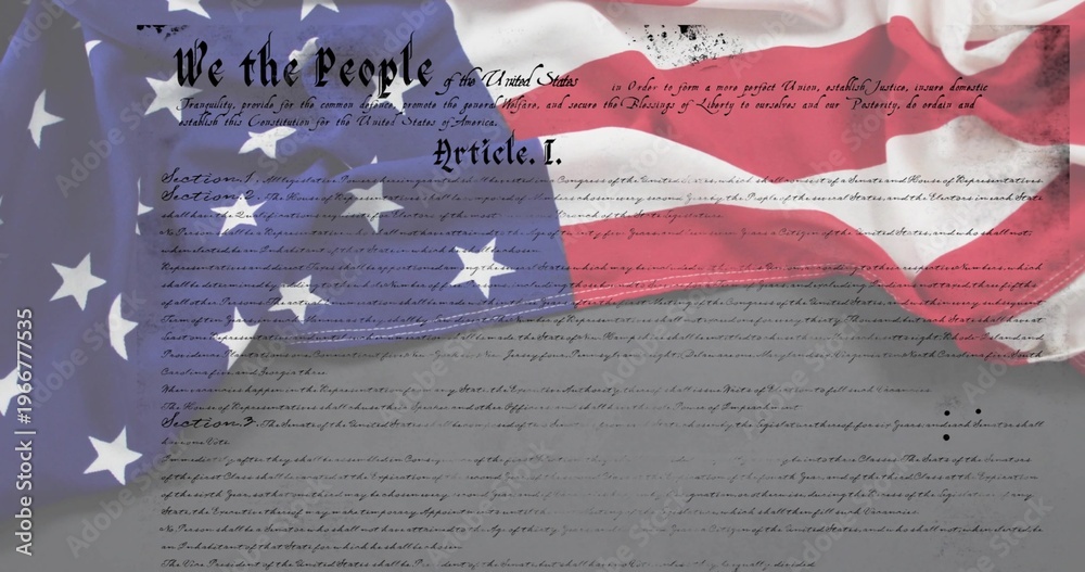 Obraz premium Displaying draped American flag over Constitution parchment, showing We People heading, Article I