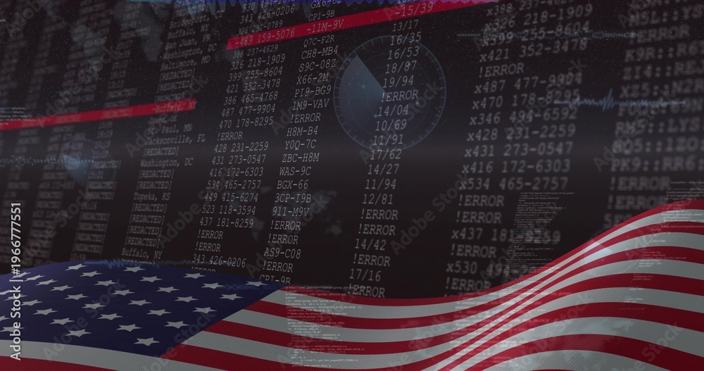 Naklejka premium Waving United States flag reflecting glossy fabric over dark data display, with ERROR code columns