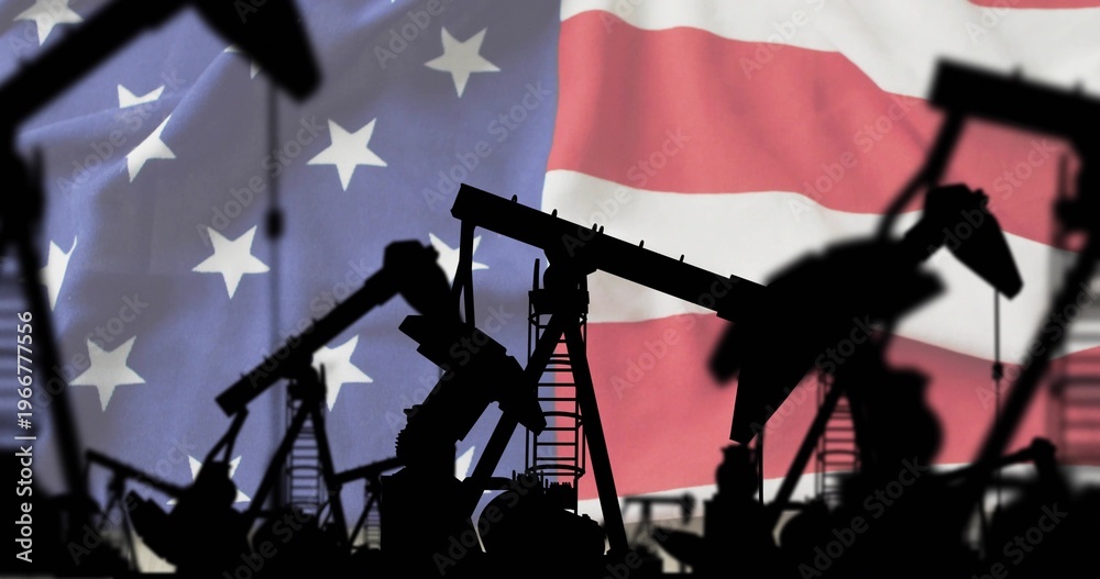 Fototapeta premium Depicting oil pump jacks showing walking beams and ladders at oilfield, with American flag backdrop