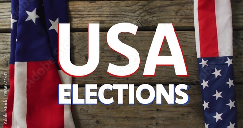 Featuring centered typographic headline USA ELECTIONS on wooden planks, showing flag fabrics