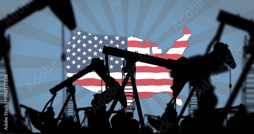 Displaying oil pump jack silhouettes pumping across stylized U