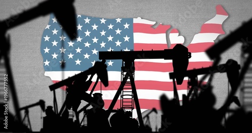 Showing oil pumpjack cluster with vertical ladder casting silhouettes against U