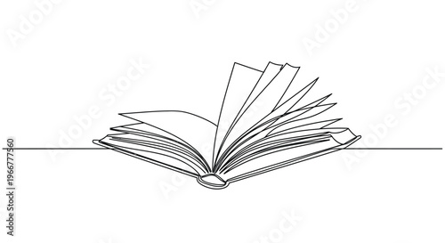 Continuous line drawing of an open book with pages turning or fluttering