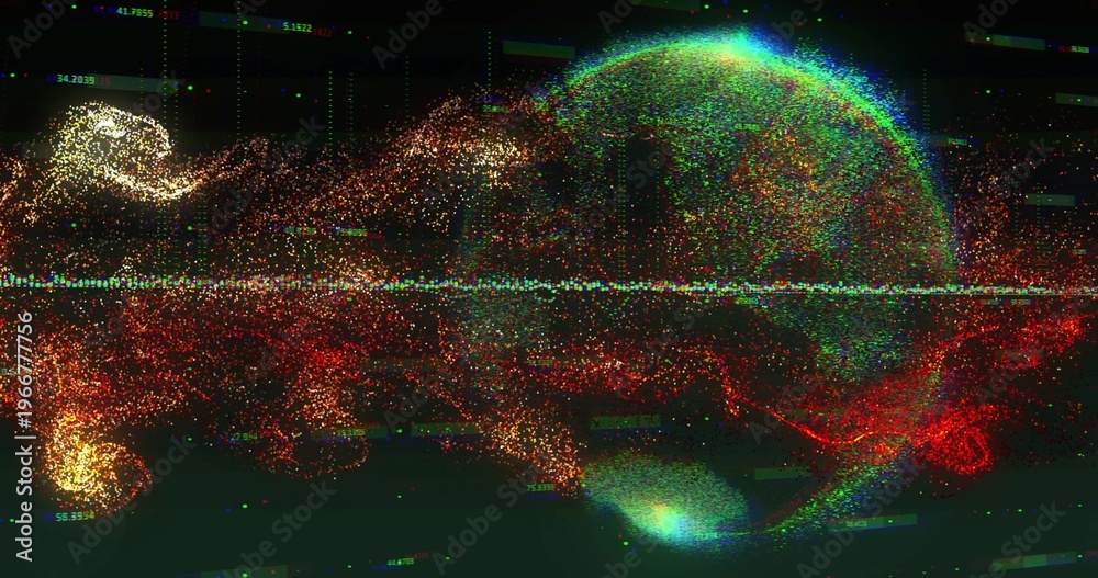 Fototapeta premium Rotating holographic globe and particle stream pulsing in virtual space, showing cyan axis