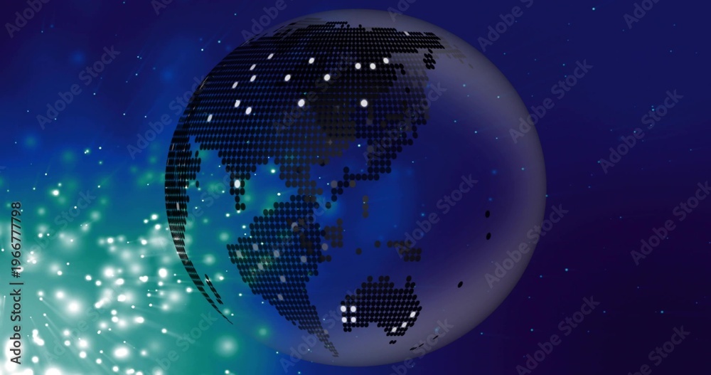 Naklejka premium Rotating digital globe showing pixel continents against deep starfield, with teal burst and nodes