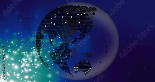 Rotating digital globe showing pixel continents against deep starfield, with teal burst and nodes