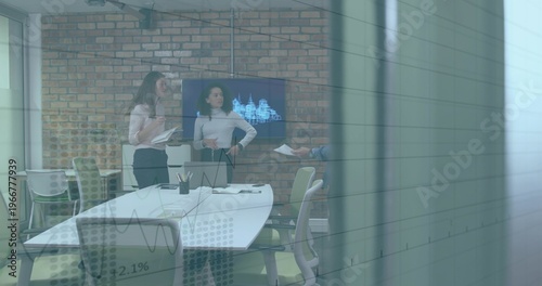 Fotografie Three colleagues receiving extended paper, presenting business data with animate
