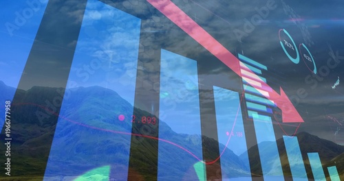 Bilde på lerret Displaying translucent data chart overlaying mountain valley, showing red downwa
