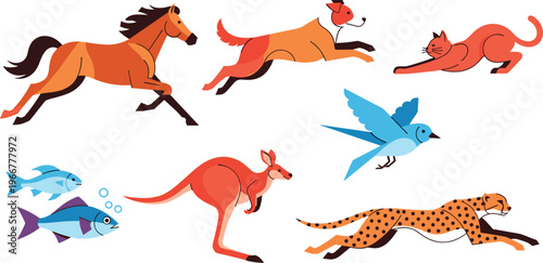 Running Animal Motion Icon Set with Horse Fox Cat Bird Fish Kangaroo and Cheetah in Dynamic Action Poses for Wildlife and Speed Concept Design