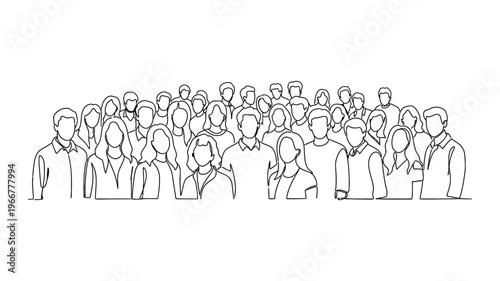 Continuous line drawing of a diverse crowd.