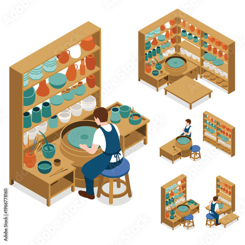 Isometric illustration of a pottery workshop with artisans at work