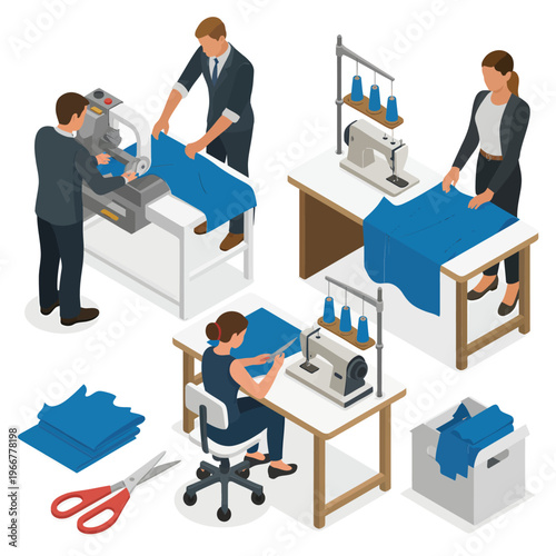 Isometric illustration of clothing manufacturing process with workers and machines