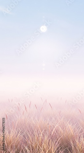 Abstract, dreamy background featuring soft white and pastel glowing light illuminating an open hazy meadow landscape ,white ,tranquil ,Ethereal