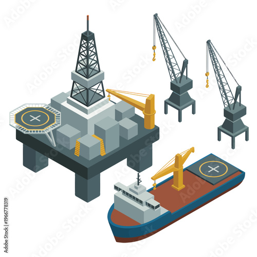 Isometric illustration of an offshore oil rig and supporting vessels