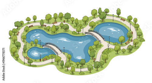 Isometric park map vector illustration, blue lakes and winding river with green trees, landscape diagram for city planning, recreation branding