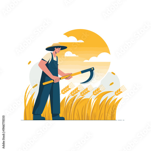 A farmer with a sickle harvests wheat against a golden sunset backdrop