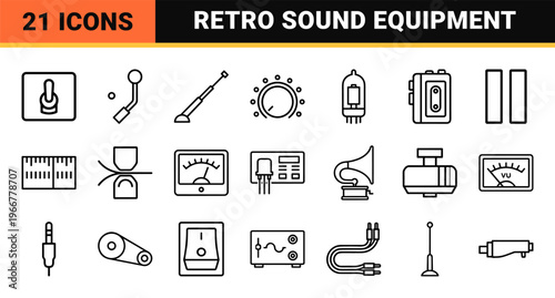 Vintage Analog Audio and Retro Radio Technology Minimalist Monoline Geometric Line Art Outline Symbols for Professional Media Design