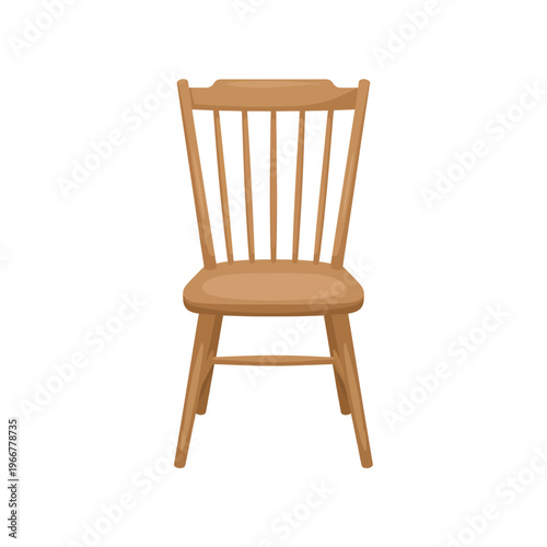 Simple wooden chair with a spindle back front view isolated on white