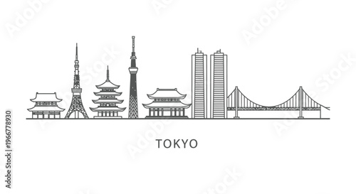 Minimalist black outline illustration featuring famous Tokyo city landmarks and architecture.