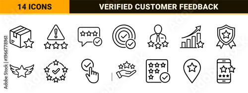 Rating Validation and Trust Symbols: Minimalist monoline geometric line art for corporate reputation and customer satisfaction tracking.