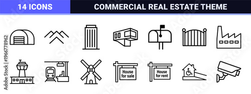 Residential Real Estate and Urban Architecture Icons. Minimalist Monoline Geometric Line Art for Commercial Property Development Apps.