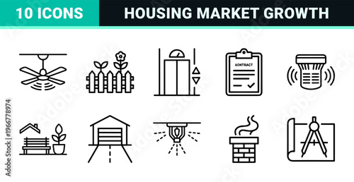 Real Estate Property Management and Residential Housing Line Art Set featuring Minimalist Geometric Monoline Outlines for Modern Digital Platforms