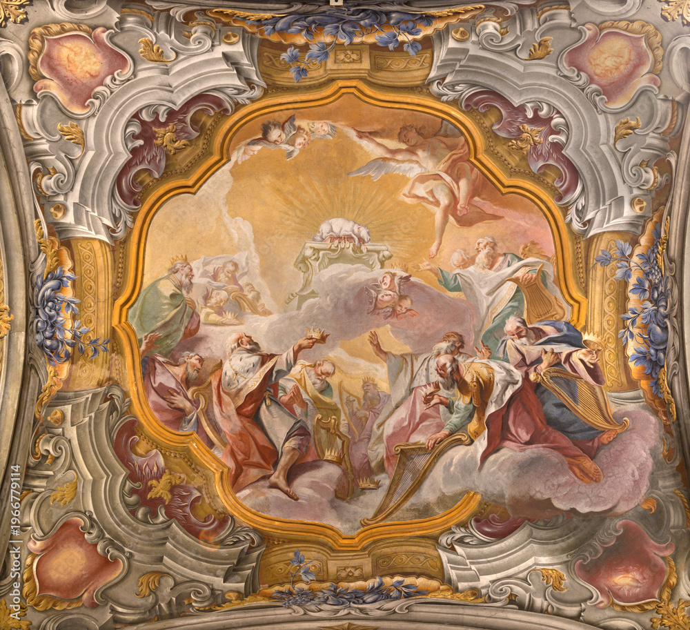 Fototapeta premium MONZA, ITALY - MARCH 19, 2026: The fresco of Adoration of Lamb of God in the Cathedral by Carlo Innocenzo Carloni (1738 -1740). 