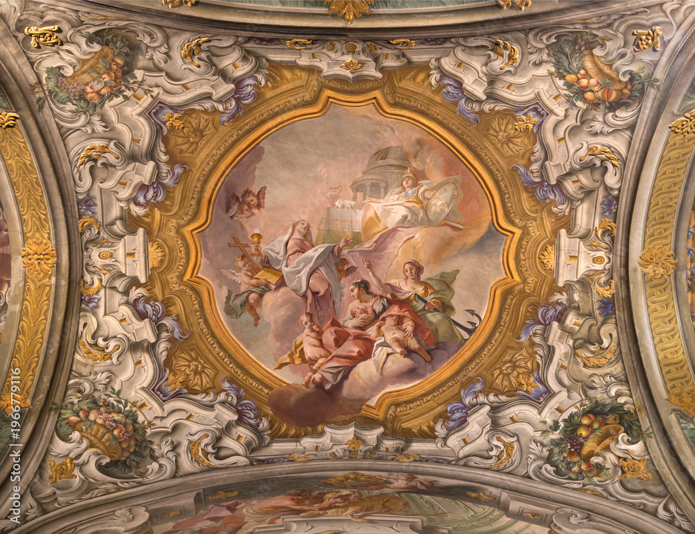 Fototapeta premium MONZA, ITALY - MARCH 19, 2026: The fresco of Theological Virtues - Faith, Hope, Charity in the Cathedral by Carlo Innocenzo Carloni (1738 -1740). 