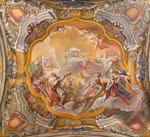 MONZA, ITALY - MARCH 19, 2026: The fresco of Adoration of Lamb of God in the Cathedral by Carlo Innocenzo Carloni (1738 -1740). 