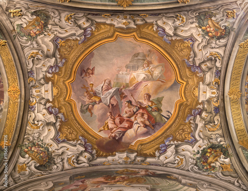 MONZA, ITALY - MARCH 19, 2026: The fresco of Theological Virtues - Faith, Hope, Charity in the Cathedral by Carlo Innocenzo Carloni (1738 -1740). 