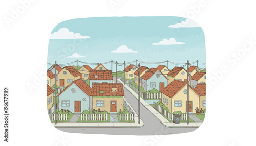 Colorful cartoon houses on a suburban street with red roofs and green grass