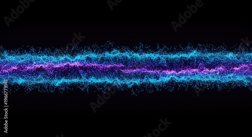 Abstract digital pattern of pulsing blue and purple quantum energy waves flowing across a minimalist dark void background ,minimal ,empty ,pattern