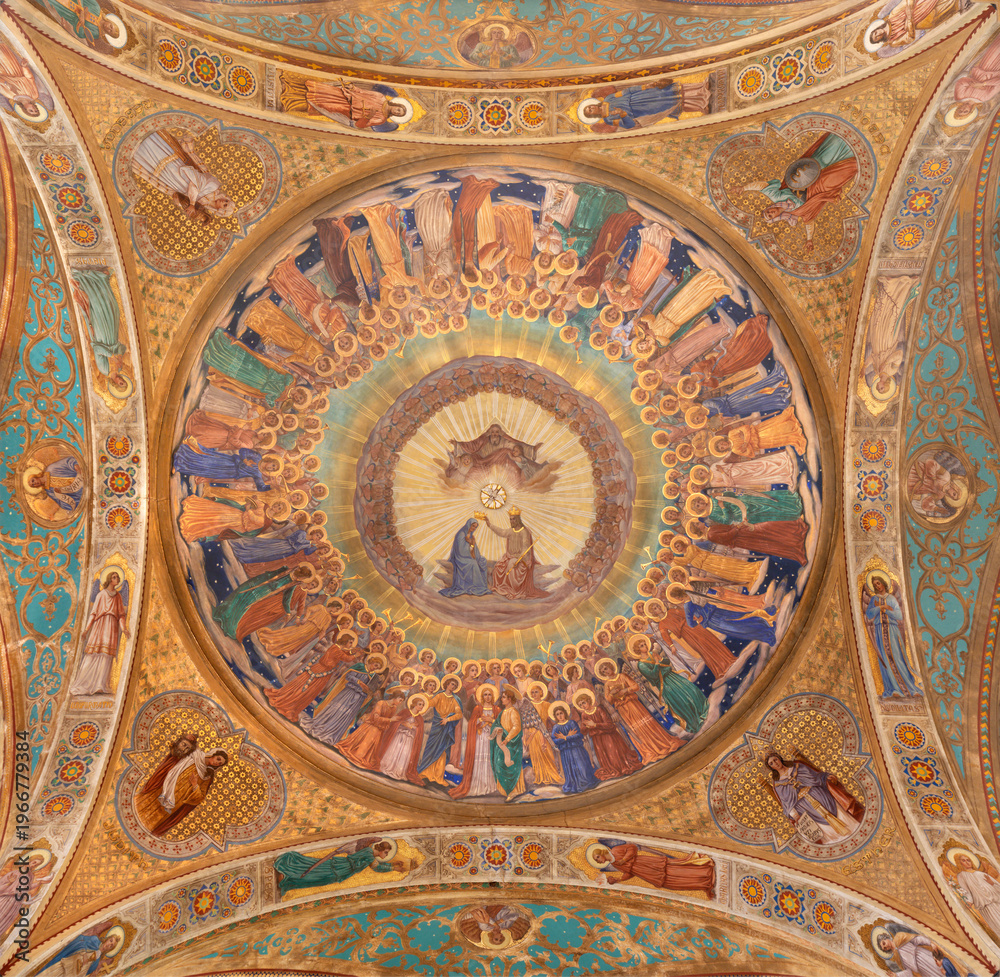 Naklejka premium MONZA, ITALY - MARCH 19, 2026: The fresco of Coronation of Virgin Mary in the church Chiesa della Santissima Trinita degli Artigianelli p by Giovanni Briani from end of 19. cent.
