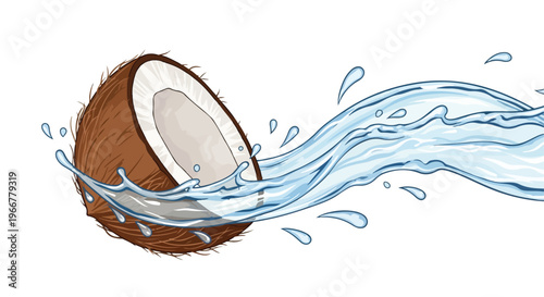 Coconut with water splash vector illustration, tropical fruit half in brown shell and white flesh, refreshing drink concept for packaging, ads
