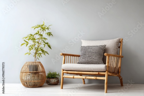 A cozy armchair with decorative plants in a bright minimalist room.