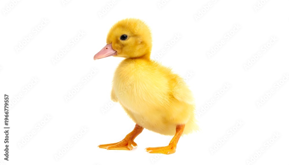 Fototapeta premium A fluffy, yellow duckling poses on a clean white background, showcasing its small size and soft feathers