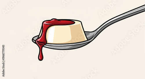 A spoon holds a dollop of cream dessert topped with red sauce