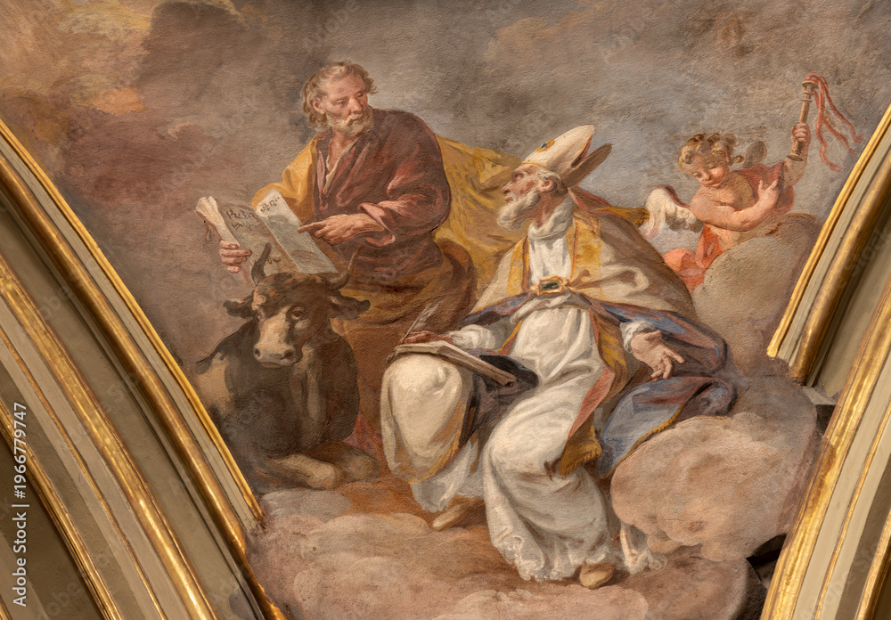 Fototapeta premium BERGAMO, ITALY - MARCH 21, 2026: The fresco of St. Luke the Evangelist and St. Ambrose by in the church Chiesa di San Alessandro in Colonna by Vincenzo Angelo Orelli (1751 – 1813).
