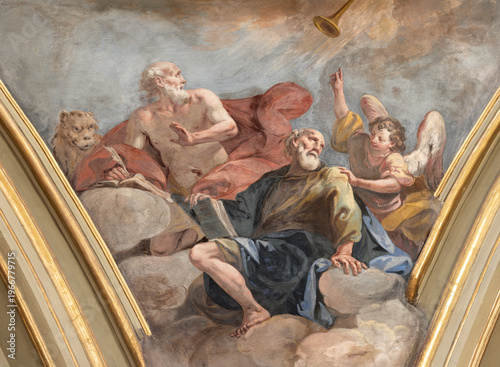 BERGAMO, ITALY - MARCH 21, 2026: The fresco of St. Matthew the Evangelist and St. Jerome by in the church Chiesa di San Alessandro in Colonna by Vincenzo Angelo Orelli (1751 –  1813).