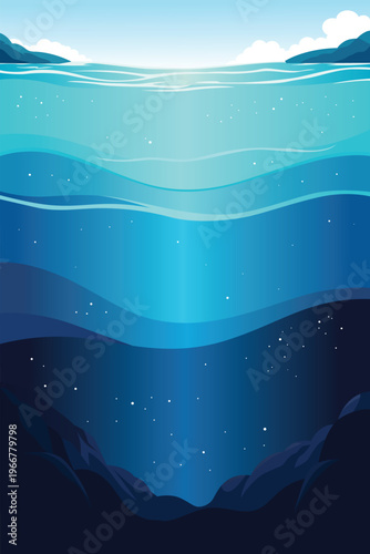 Deep Ocean Layers Diagram, Sunlight to Abyss Zone Underwater Gradient Illustration for Educational Marine Concept