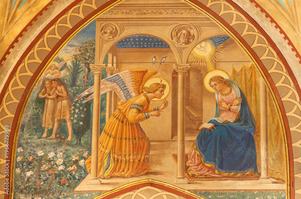 Fototapeta premium MONZA, ITALY - MARCH 19, 2026: MONZA, ITALY - MARCH 19, 2026: The fresco of Annunciation in church Chiesa della Santissima Trinita degli Artigianelli by Giovanni Briani from end of 19. cent.