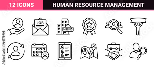 Human Resources and Recruitment Management Minimalist Monoline Outline Icons for Professional Business Talent Acquisition Workflows.